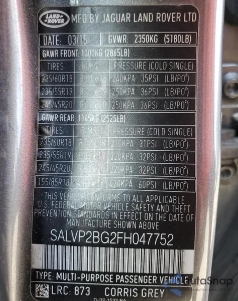 2015 Land Rover Range Rover Evoque Pure Plus from USA, damaged, VIN SALVP2BG2FH047752